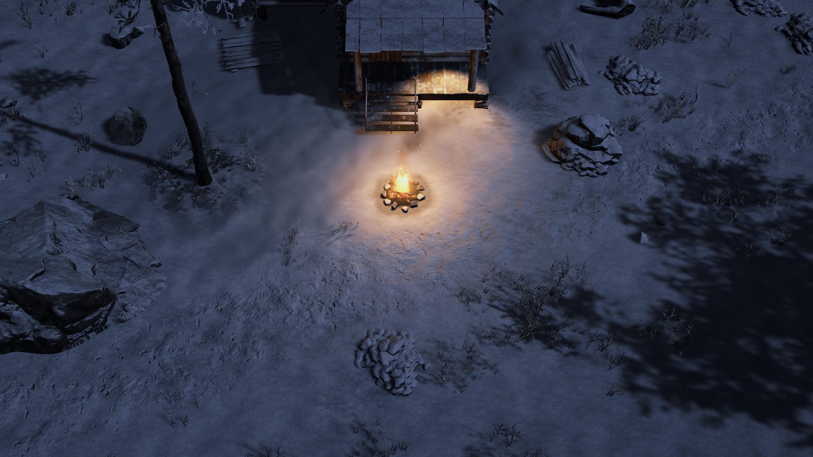Frostkeeper at night: a campfire lights the snow in front of the cabin