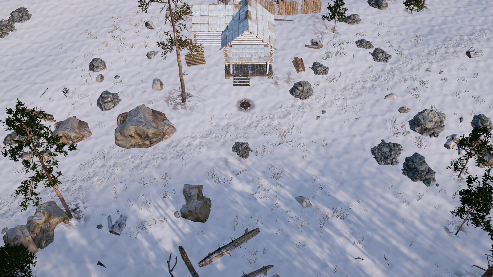 Frostkeeper look test from the widest camera: a log cabin, rocks and pines in deep snow