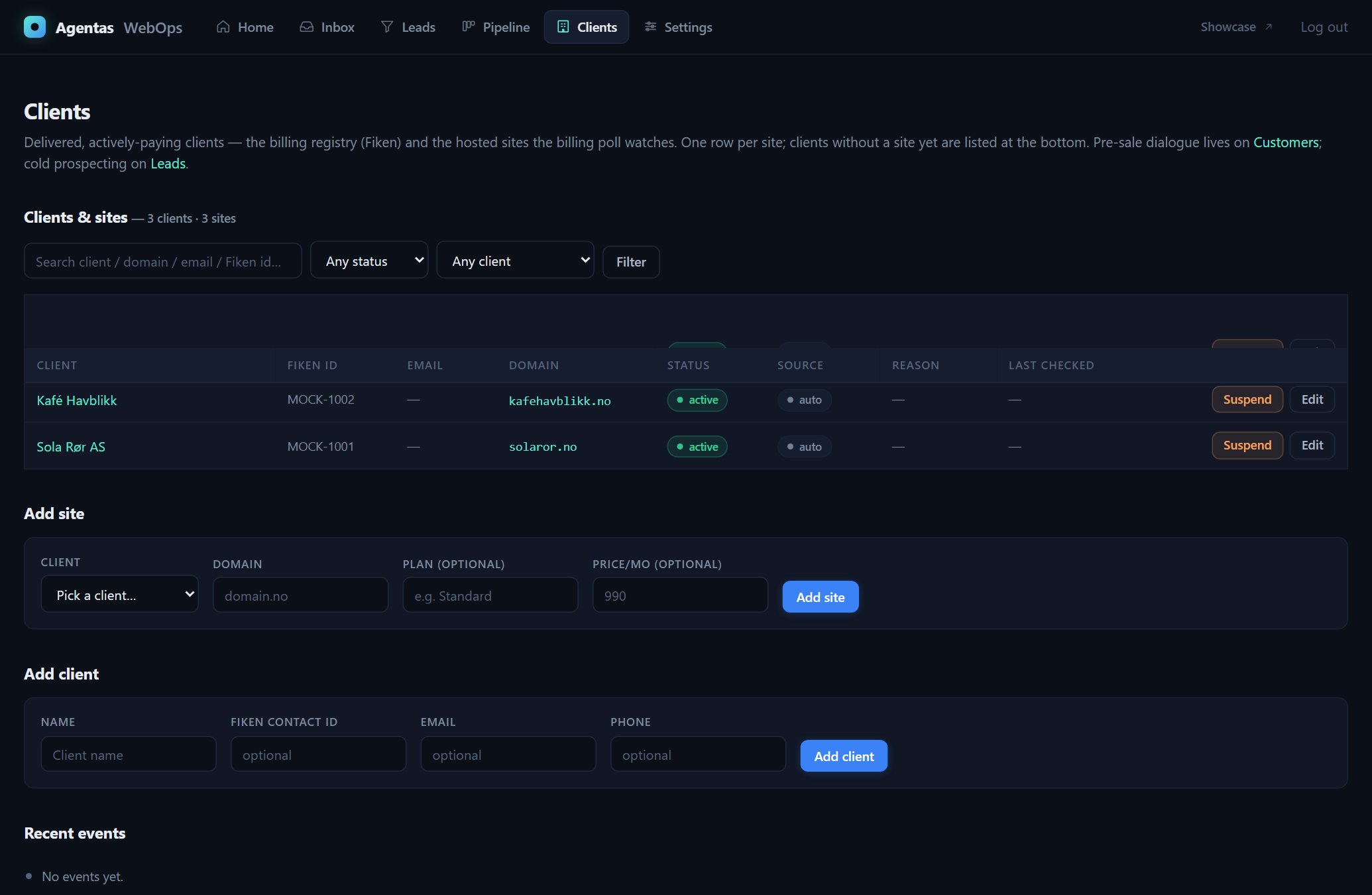 Agentas WebOps client and site registry