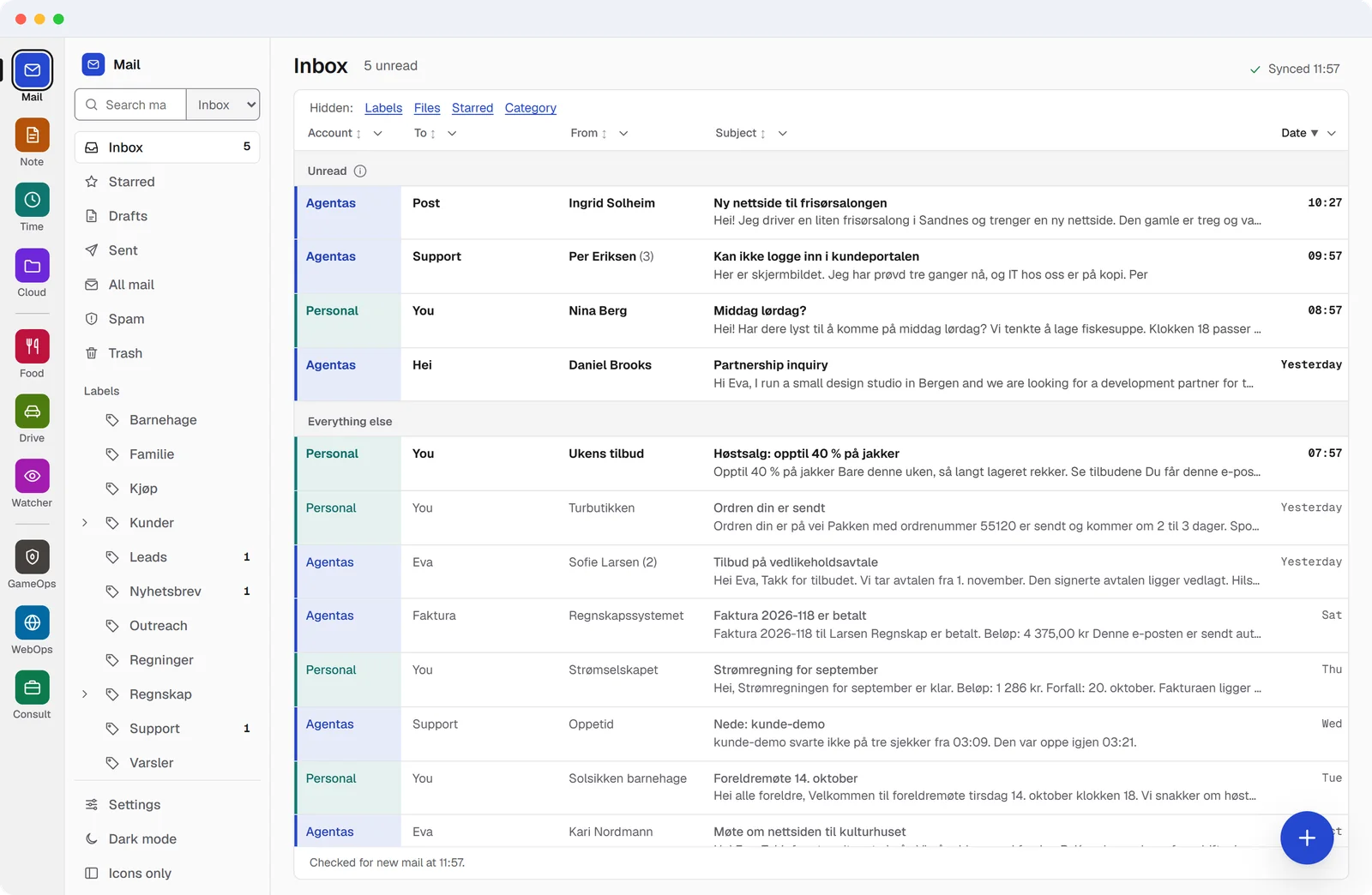 Mail with the Agentas Suite app column on the left