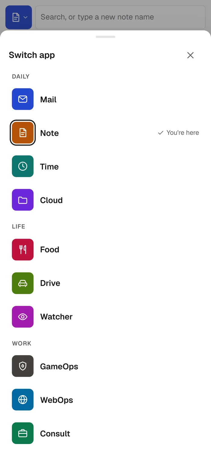 The Switch app sheet on a phone with all ten apps