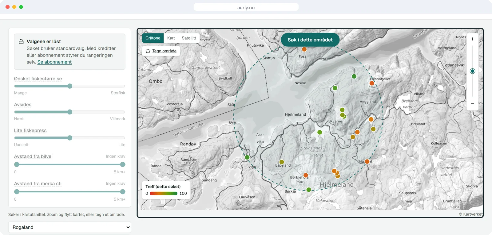 Aurly map with ranked lakes around Hjelmeland