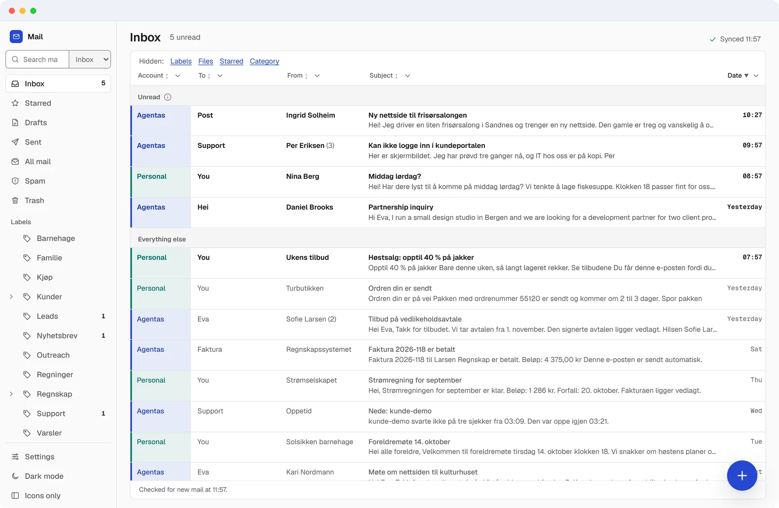 Mail inbox with two accounts in one list