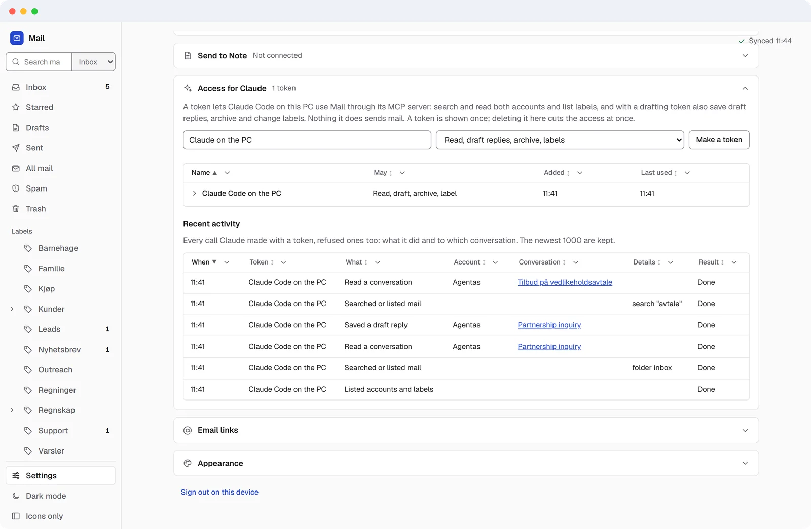Mail settings for Claude's access tokens and activity log