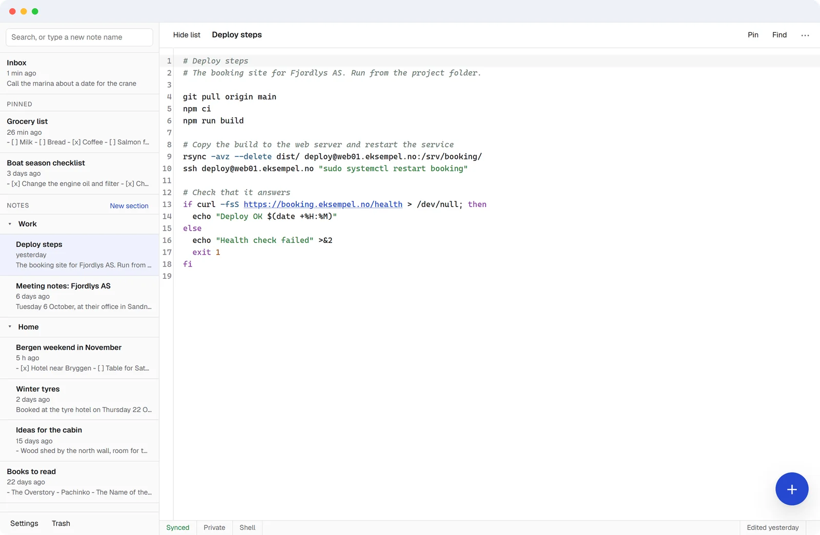 A code note with syntax highlighting