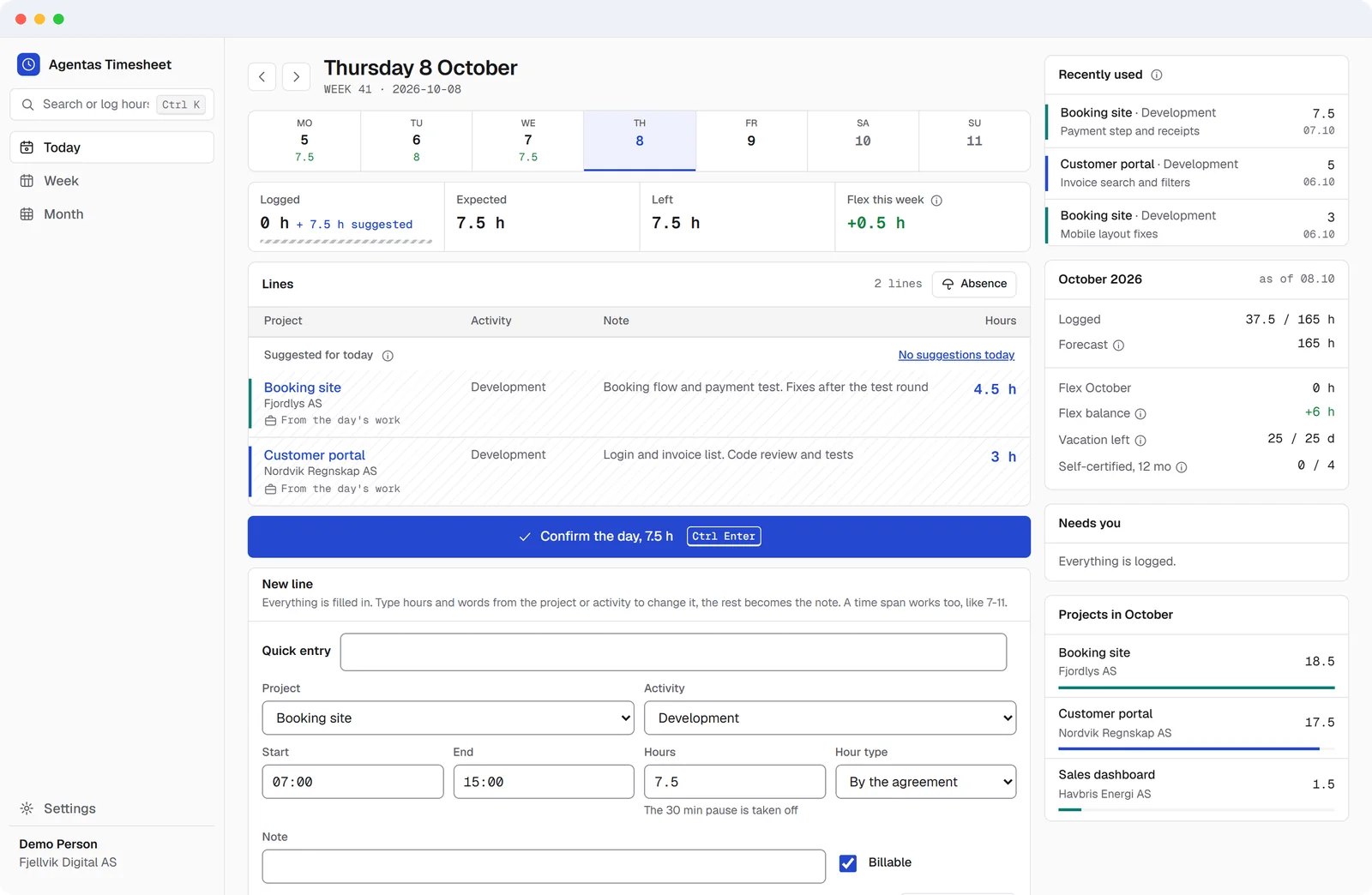 Agentas Timesheet day screen with two suggested lines to confirm