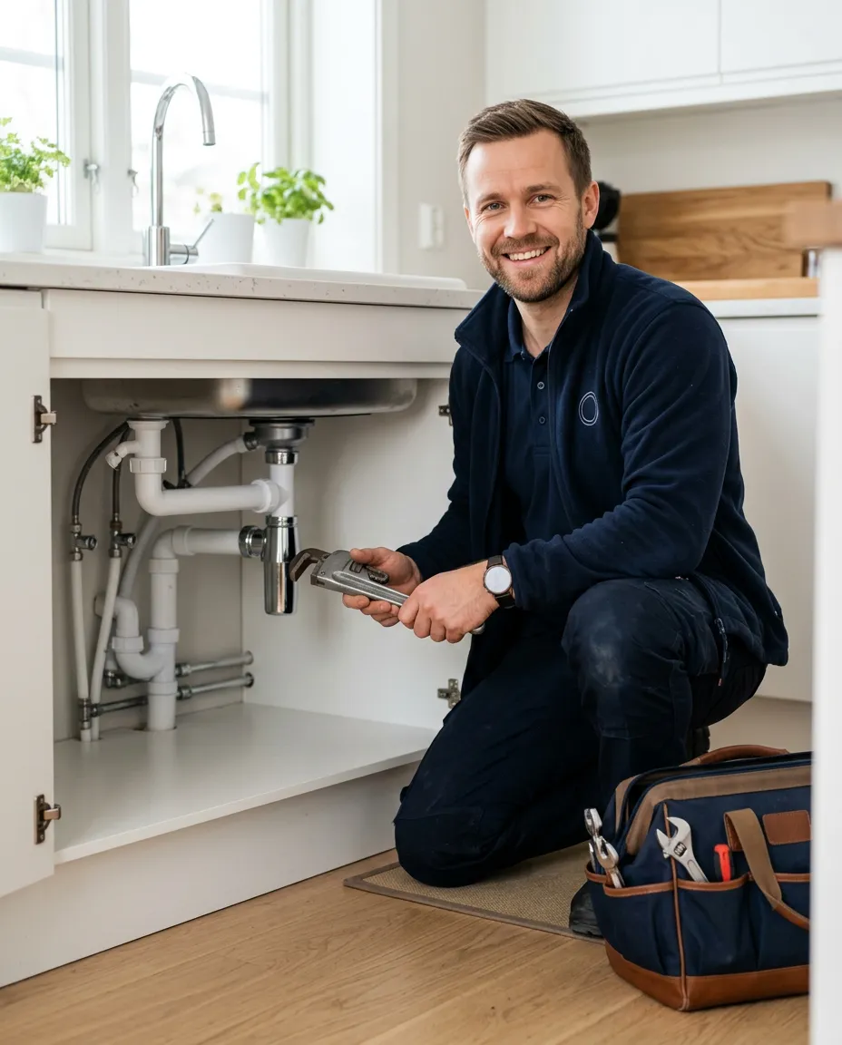 Photo: certified plumber in branded workwear at a customer's home