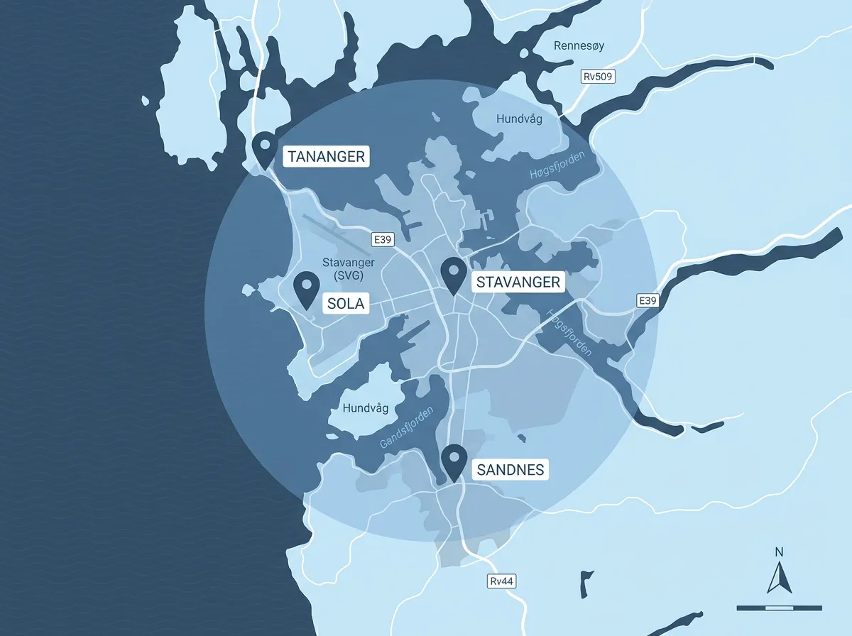 Map: service area around Sola, Stavanger and Sandnes
