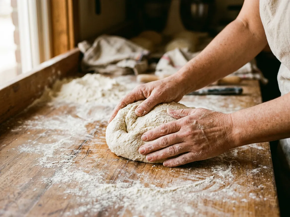 Hands shaping dough on a floured bench