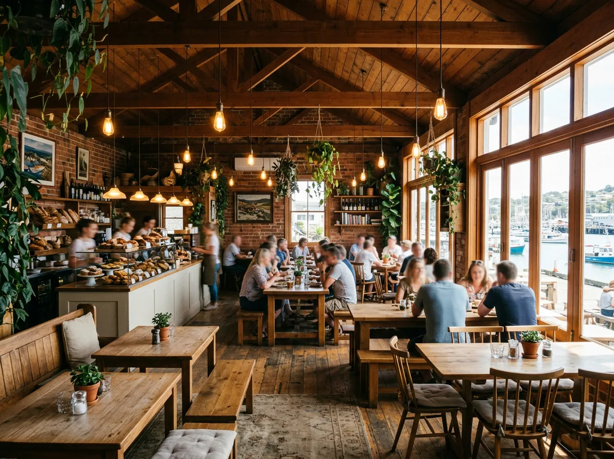 Cosy Scandinavian interior, warm light, wooden tables