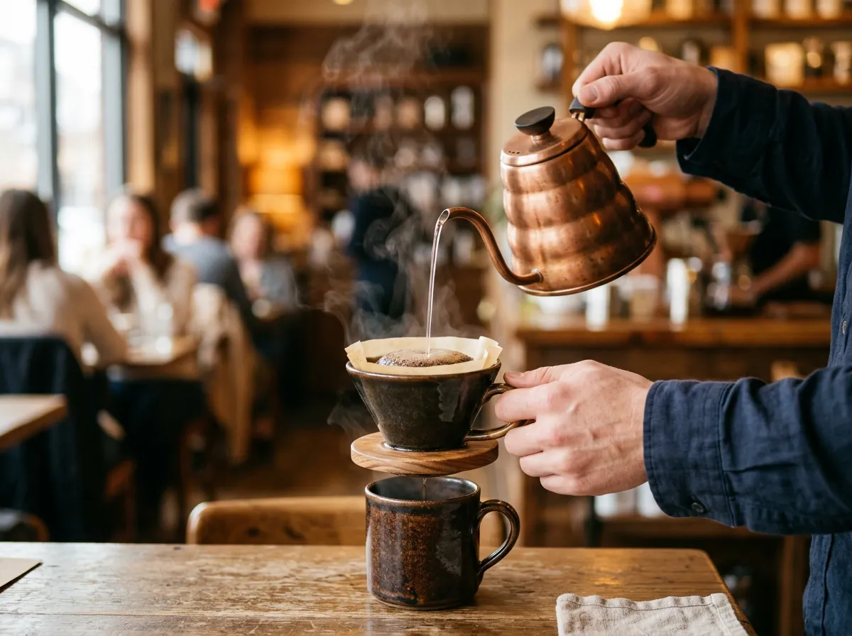 Hand-poured filter coffee, steam rising