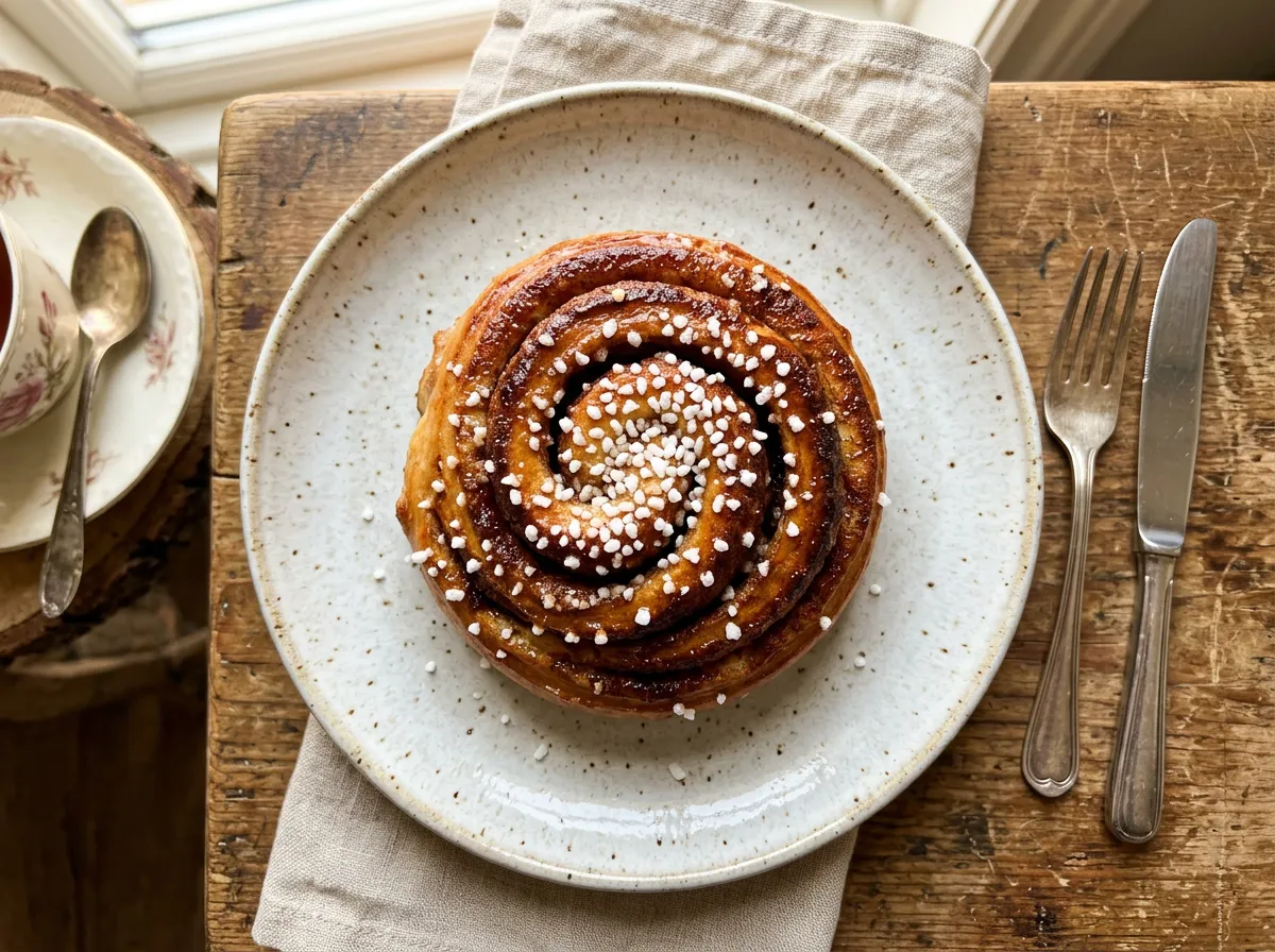 Warm cinnamon bun, sugar crackling on top