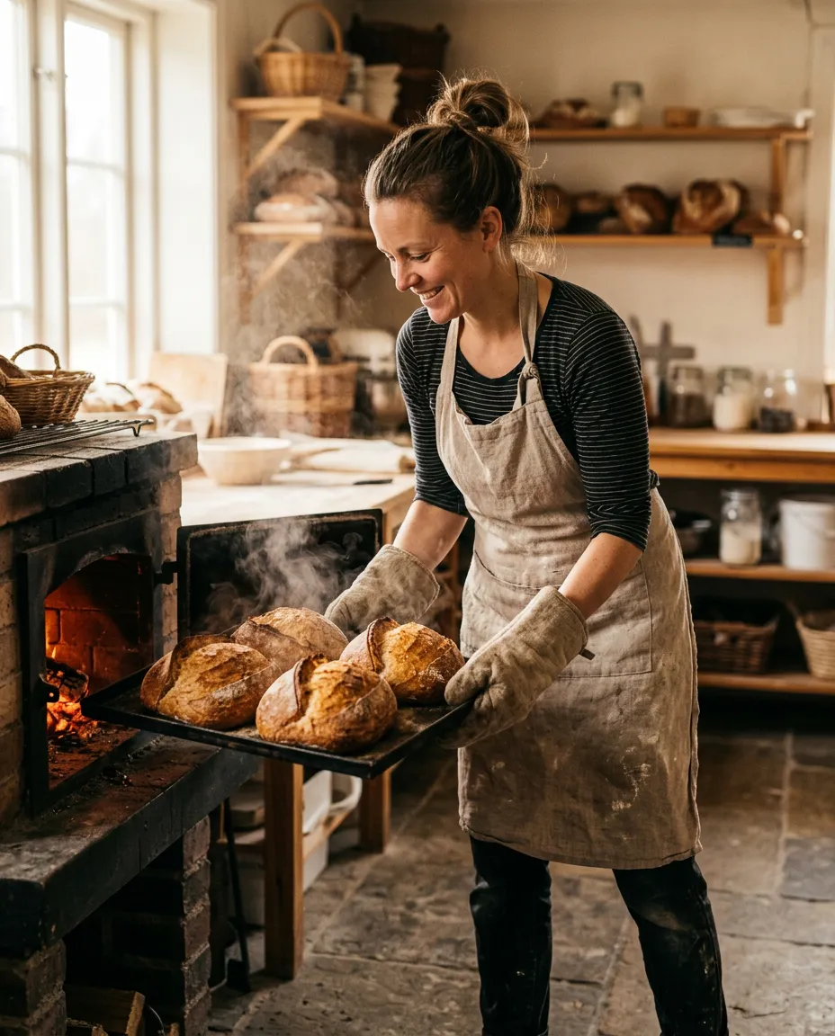 Baker pulling warm loaves from the oven